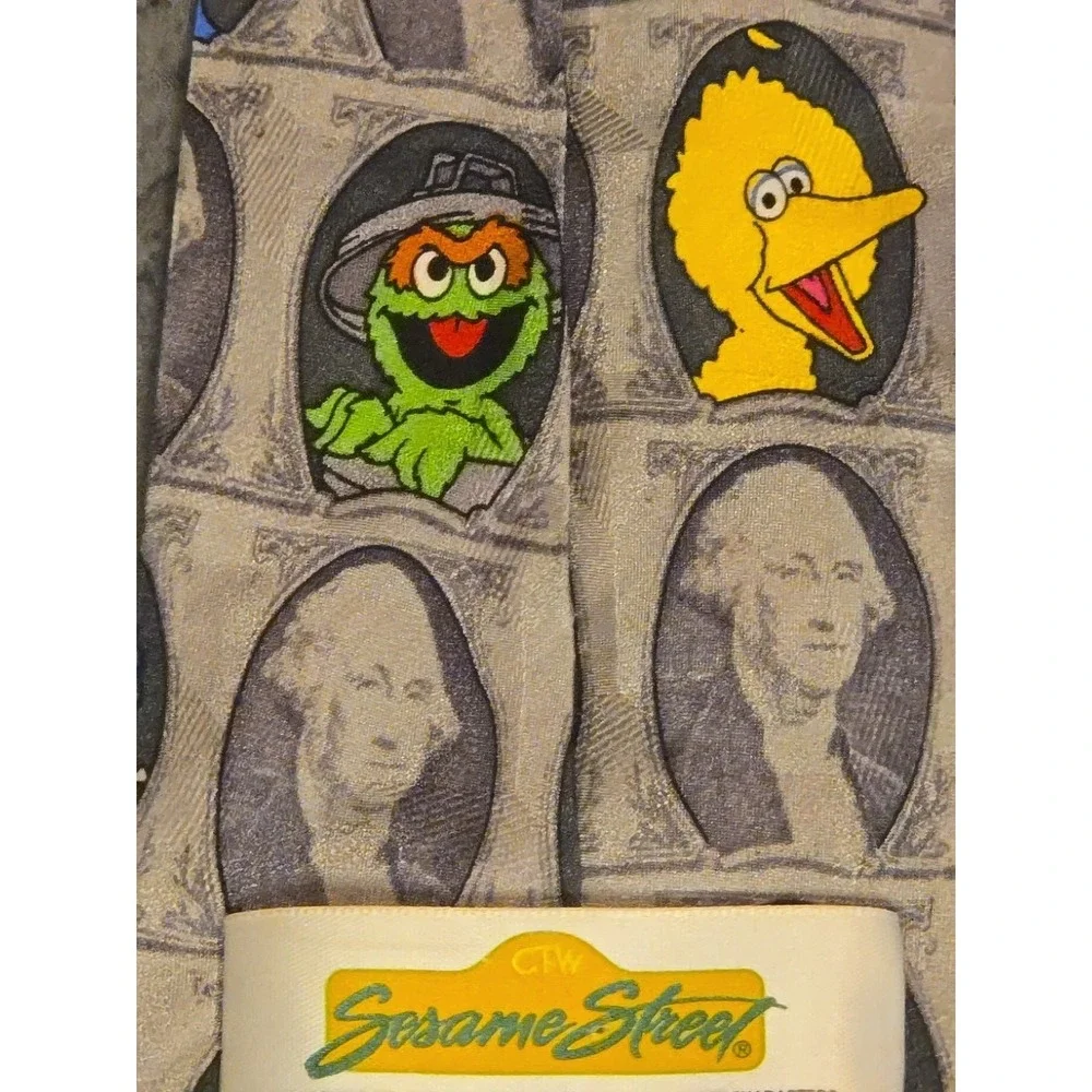 Vintage Sesame Street Dollar Bill Silk Tie Elmo Cookie Monster Novelty Money 90s